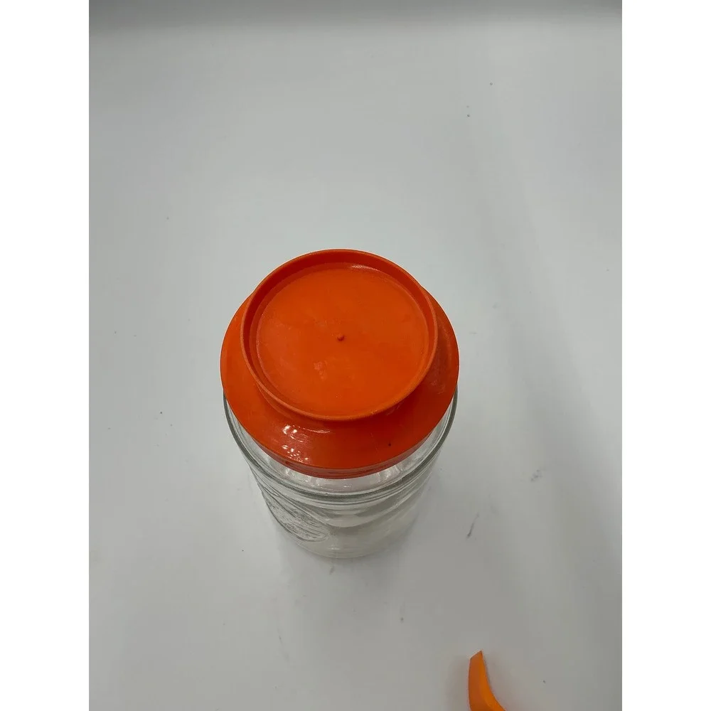 Vintage Anchor Hocking Glass Jar Orange Lid Embossed Log Cabin Scene Canister